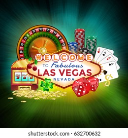 Icons set of gambling in Las Vegas. Composition of casino elements on a blue green background.