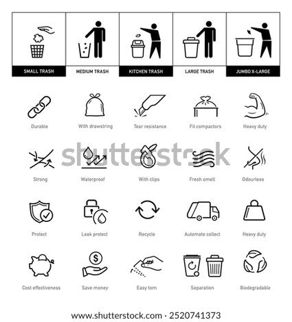 Icons set for garbage bag. The outline icons are well scalable and editable. Contrasting vector elements are good for different backgrounds. EPS10.