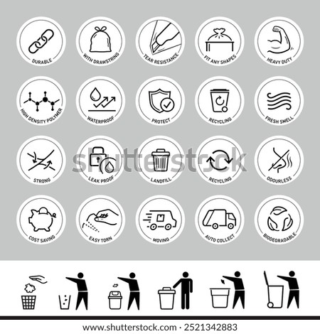 Icons set for garbage bag. The outline icons are well scalable and editable. Contrasting vector elements are good for different backgrounds. EPS10.
