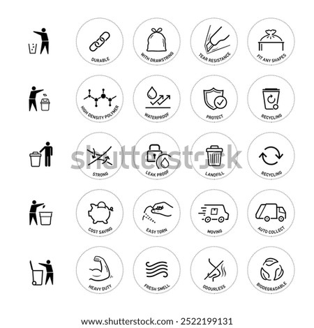 Icons set for garbage bag. The outline icons are well scalable and editable. Contrasting vector elements are good for different backgrounds. EPS10.