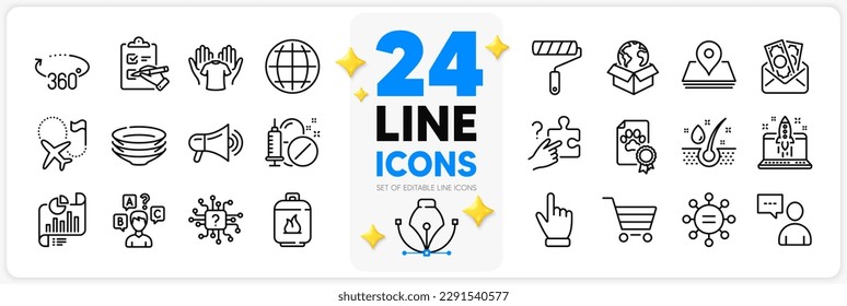 Icons set of Gas cylinder, Artificial intelligence and Market sale line icons pack for app with Users chat, Quiz test, Cursor thin outline icon. Megaphone, Medical drugs. Design with 3d stars. Vector