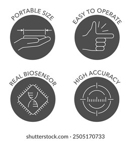 Icons set with general features of tester device - Real biosensor, High accuracy, Portable size, Easy to operate. Pictograms for labeling, circular in thin line