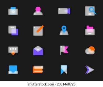 Icons set in glassmorphism style. Camera, video camera, folder, notepad, navigation, bookmark, arrow, envelope, credit card. Vector illustration.