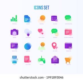 Icons set in glassmorphism style. Statistics, Calendar, Weather, Camera, Feedback, Social Media, Download, Internet Marketing, Wi-Fi Zone. Vector illustration.