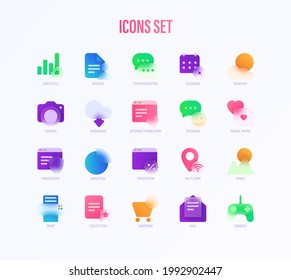 Icons set in glassmorphism style. Statistics, Calendar, Weather, Camera, Feedback, Social Media, Download, Internet Marketing, Wi-Fi Zone. Vector illustration.