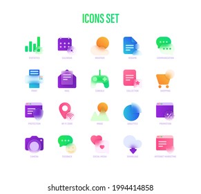 Icons set in glassmorphism style. Statistics, Calendar, Weather, Camera, Feedback, Social Media, Download, Internet Marketing, Wi-Fi Zone. Vector illustration.