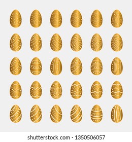 Icons set of golden Easter eggs with striped and dotted patterns. Vector decorative elements for design holiday greeting cards, invitations, announcements
