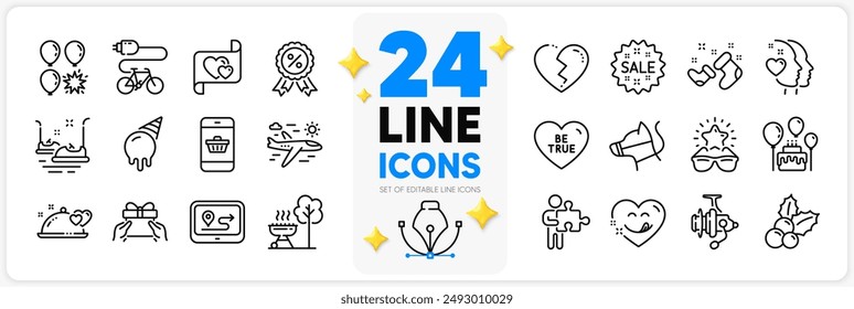 Icons set of Gps, Broken heart and Heart line icons pack for app with Christmas holly, Be true, Yummy smile thin outline icon. Best glasses, Puzzle, Romantic dinner pictogram. Dog leash. Vector