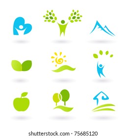 Icons set or graphic elements inspired by nature and life. Landscape, hills, people, leaves and organic living. Vector Illustration.
