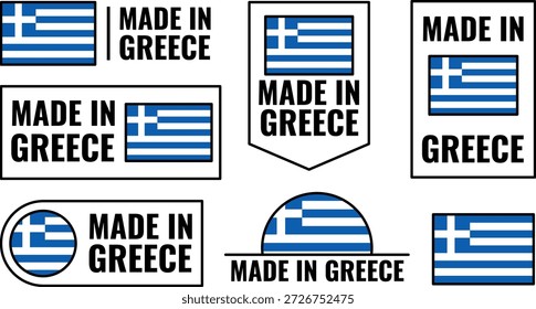 Icons set of Greece product emblems featuring the flag and text
