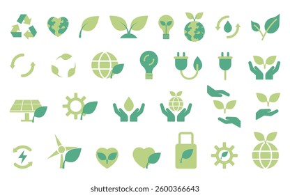 Icons Set of Green Eco-Friendly and Symbols for Sustainability and Environmental Awareness