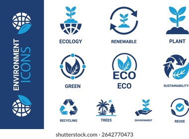 Icons Set of Green Eco-Friendly and Symbols for Sustainability and Environmental Awareness