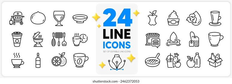 Icons set of Grill tools, Food market and Gas grill line icons pack for app with Orange, Healthy food, Coffee thin outline icon. Teacup, Recycle water, Takeaway coffee pictogram. Vector