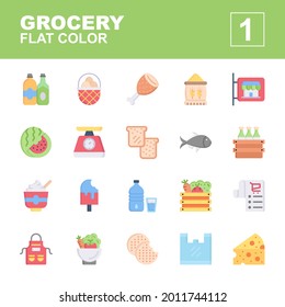 Icons Set of Grocery, Flat color style, Contains such of shop sign, biscuits, fruit, wheat, weight scale, vegetable, sausage, food, drink, list and more, you can use for web, app and more.