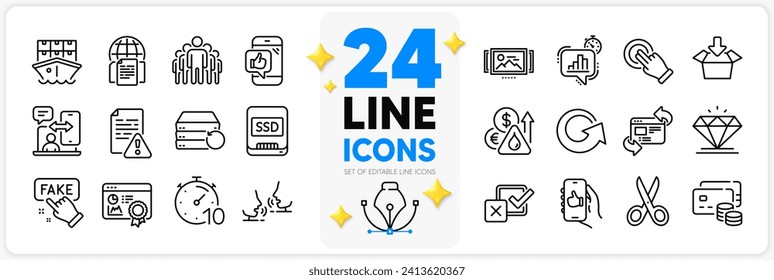 Icons set of Group, Phone timing and Get box line icons pack for app with Recovery server, Timer, Ssd thin outline icon. Image carousel, Internet documents, Checkbox pictogram. Money, CutTalk. Vector