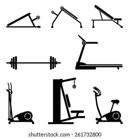  Icons set gym, sports, strength, sport equipment, body building, fitness. Health, weight loss, diet.