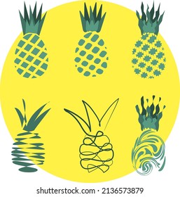 Icons set with hand drawing pineapples in a modern abstract and outline style 
