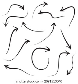 Icons Set hand drawn doodle style arrows in various directions. Black arrows in white background