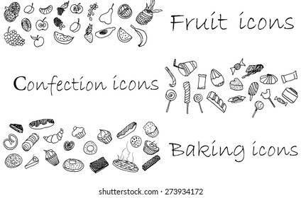 Icons set hand-painted, confection, baking and fruit