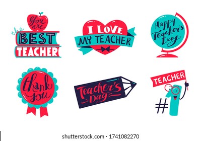 Icons Set for Happy Teachers Day Celebration with Decorative Elements Heart, Globe and Seal Stamp, Pencil and Number One with Typography Isolated on White Background. Cartoon Vector Illustration, Tags