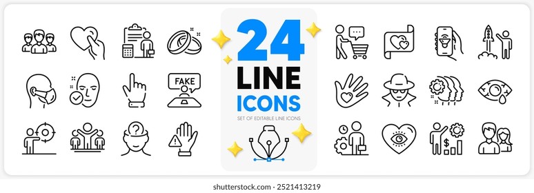 Conjunto de iconos de la piel de la salud, la responsabilidad social y los iconos de la línea de la psicología para el App con Dont touch, Hold heart, Meditation eye icono de contorno delgado. Contabilidad, empleado, pictograma de grupo. Vector