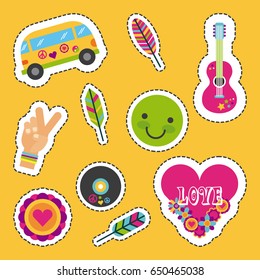 icons set hippie scenery cartoon