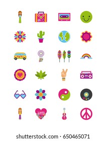 icons set hippie scenery cartoon