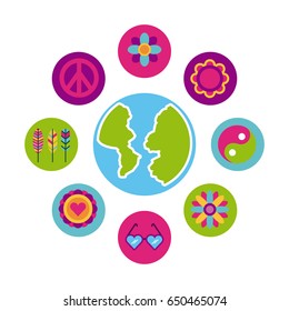 icons set hippie scenery cartoon world map