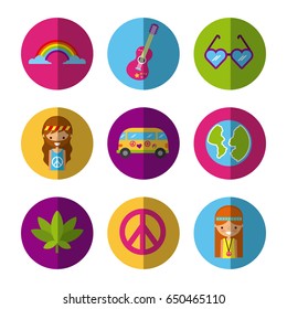 icons set hippie scenery cartoon