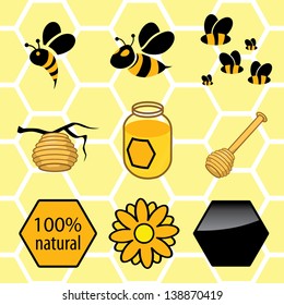 icons set honey. signs of bees, can with honey, hive on branch