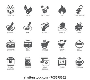 Icons set of household appliances, utensils and labels on culinary theme in flat style. Big vector collection of 20 cooking food graphic pictograms isolated on white background