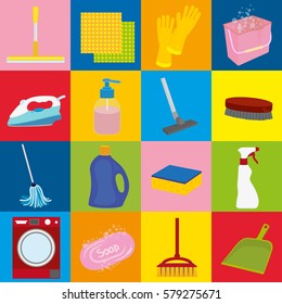 icons set of household supplies for cleaning