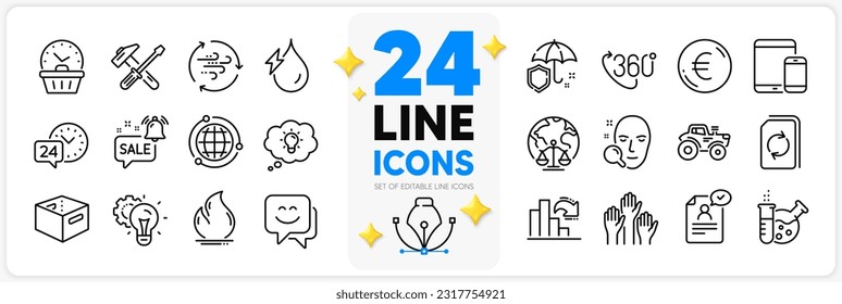 Icons set of Hydroelectricity, Face search and Smile face line icons pack for app with Last minute, Voting hands, Tractor thin outline icon. Office box, Hammer tool, Globe pictogram. Vector