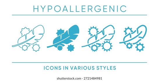 Conjunto de iconos - característica hipoalergénica con símbolos de plumas y alérgenos. Se utiliza para cosméticos, cuidado de la piel, higiene y productos para el hogar para indicar una formulación suave y apta para alergias en varios gráficos