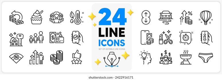 Icons set of Ice cream, 5g wifi and Scroll down line icons pack for app with Employee results, Card, Salary employees thin outline icon. Idea, Phone pay, Route pictogram. Timer, Info app. Vector