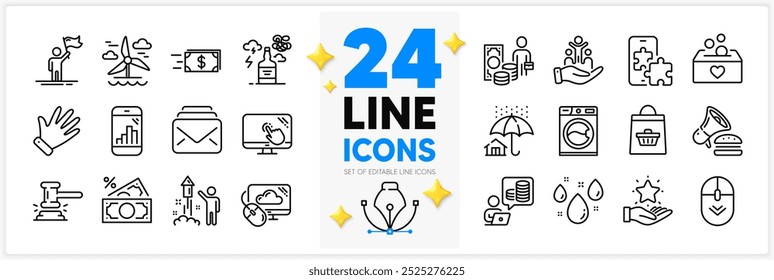 Icons set of Inclusion, Online buying and Home insurance line icons pack for app with Phone puzzle, Mail, Donation thin outline icon. Burger, Cloud computing, Money transfer pictogram. Vector