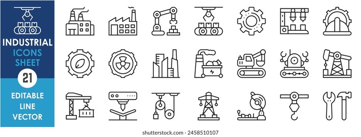 Conjunto de iconos con equipos y maquinaria industrial. Iconos de línea establecidos con máquinas. Hoja de iconos de estilo de esquema.