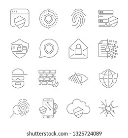 Icons set of information and internet protection. Digital data and Cyber Information Protection, Cryptography. The thin contour lines. Editable Stroke. EPS 10