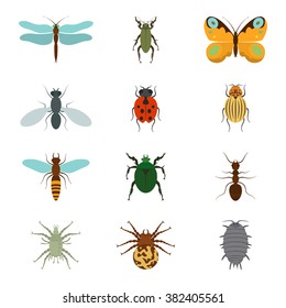 Icons set insects flat - dragonfly, beetle, butterfly, fly, ladybug, koroladsky beetle, wasp, bronzovik ant, tick, a spider, wood louse, vector illustration.