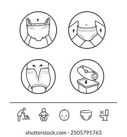 Icons set for instruction of changing diaper pants for baby. The outline icons are well scalable and editable. Contrasting vector elements are good for different backgrounds. EPS10.	