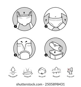 Icons set for instruction of changing diaper pants for baby. The outline icons are well scalable and editable. Contrasting vector elements are good for different backgrounds. EPS10.	