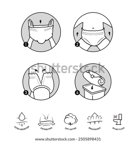 Icons set for instruction of changing diaper pants for baby. The outline icons are well scalable and editable. Contrasting vector elements are good for different backgrounds. EPS10.	
