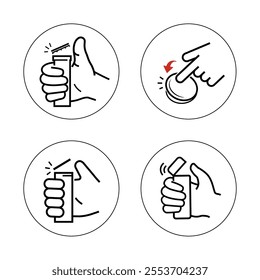 Icons set for instruction of opening child resistant cap of plastic pill bottle. The outline icons are well scalable and editable. Contrasting vector elements. EPS10.	