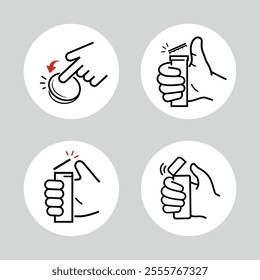 Icons set for instruction of opening child resistant cap of plastic pill bottle. The outline icons are well scalable and editable. Contrasting vector elements. EPS10.	