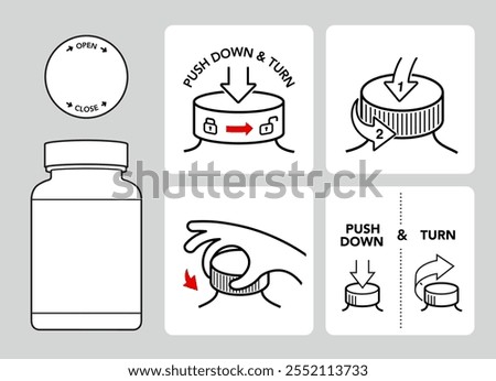 Icons set for instruction of opening child resistant cap of plastic pill bottle. The outline icons are well scalable and editable. Contrasting vector elements. EPS10.
