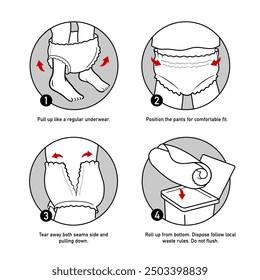 Symbole, die zur Anleitung der Verwendung von Windelhosen gesetzt sind. Die Gliederungssymbole sind gut skalierbar und editierbar. Kontrastreiche Vektorelemente eignen sich gut für verschiedene Hintergründe. EPS10.	