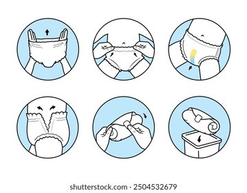 Iconos establecidos para la instrucción de usar pantalones de pañal. Los iconos de contorno son bien escalables y editables. Los Elementos de Vector en contraste son buenos para diferentes orígenes. EPS10.	