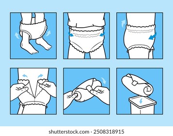 Icons set for instruction of using diaper pants. The outline icons are well scalable and editable. Contrasting vector elements are good for different backgrounds. EPS10.