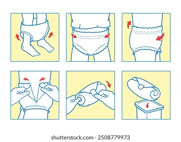 Icons set for instruction of using diaper pants. The outline icons are well scalable and editable. Contrasting vector elements are good for different backgrounds. EPS10.