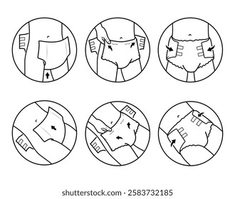 Icons set for instruction of using diaper pants. The outline icons are well scalable and editable. Contrasting vector elements are good for different backgrounds. EPS10.	